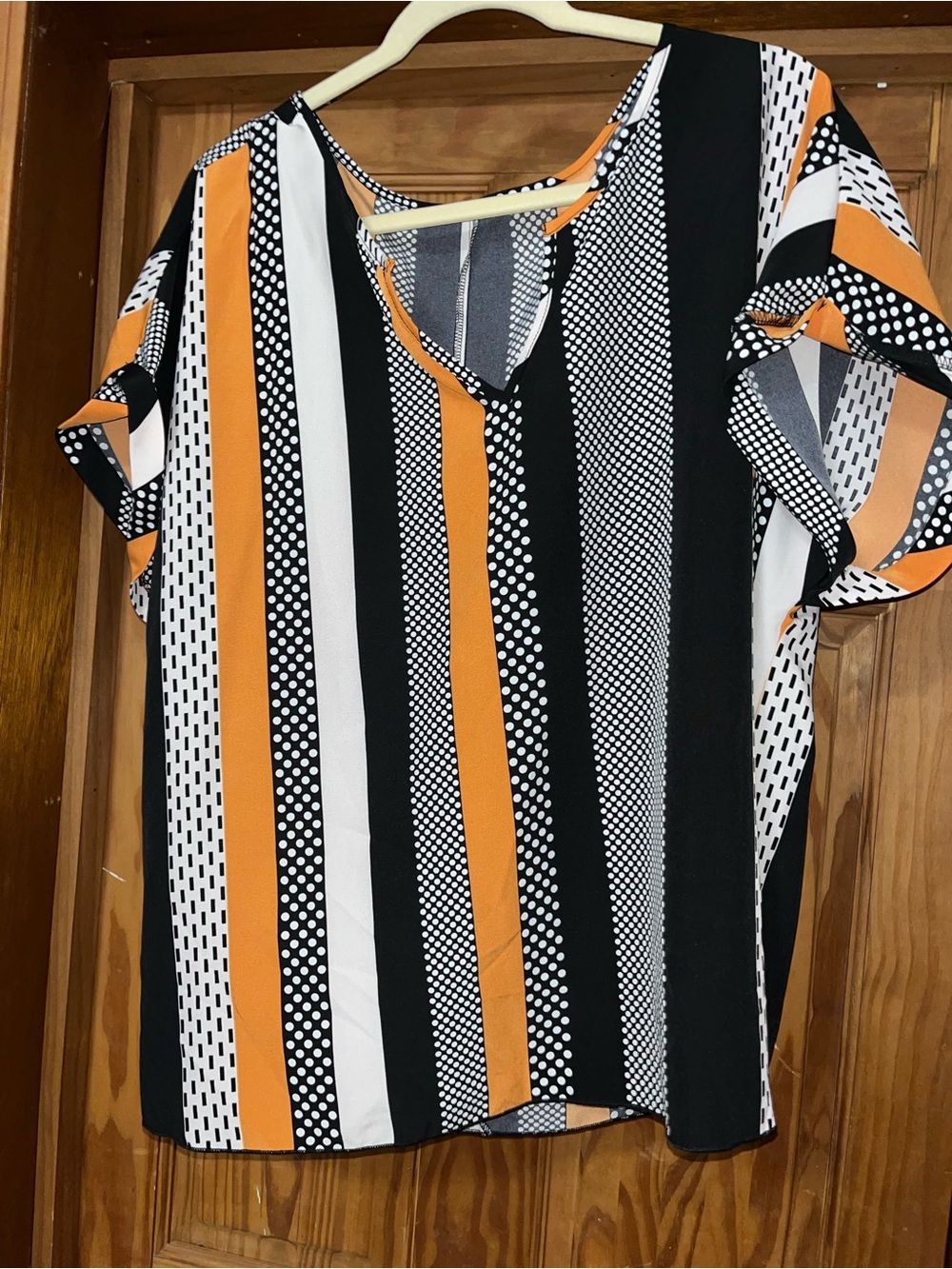 Striped V-Neck Short Sleeve Top - Black White Orange